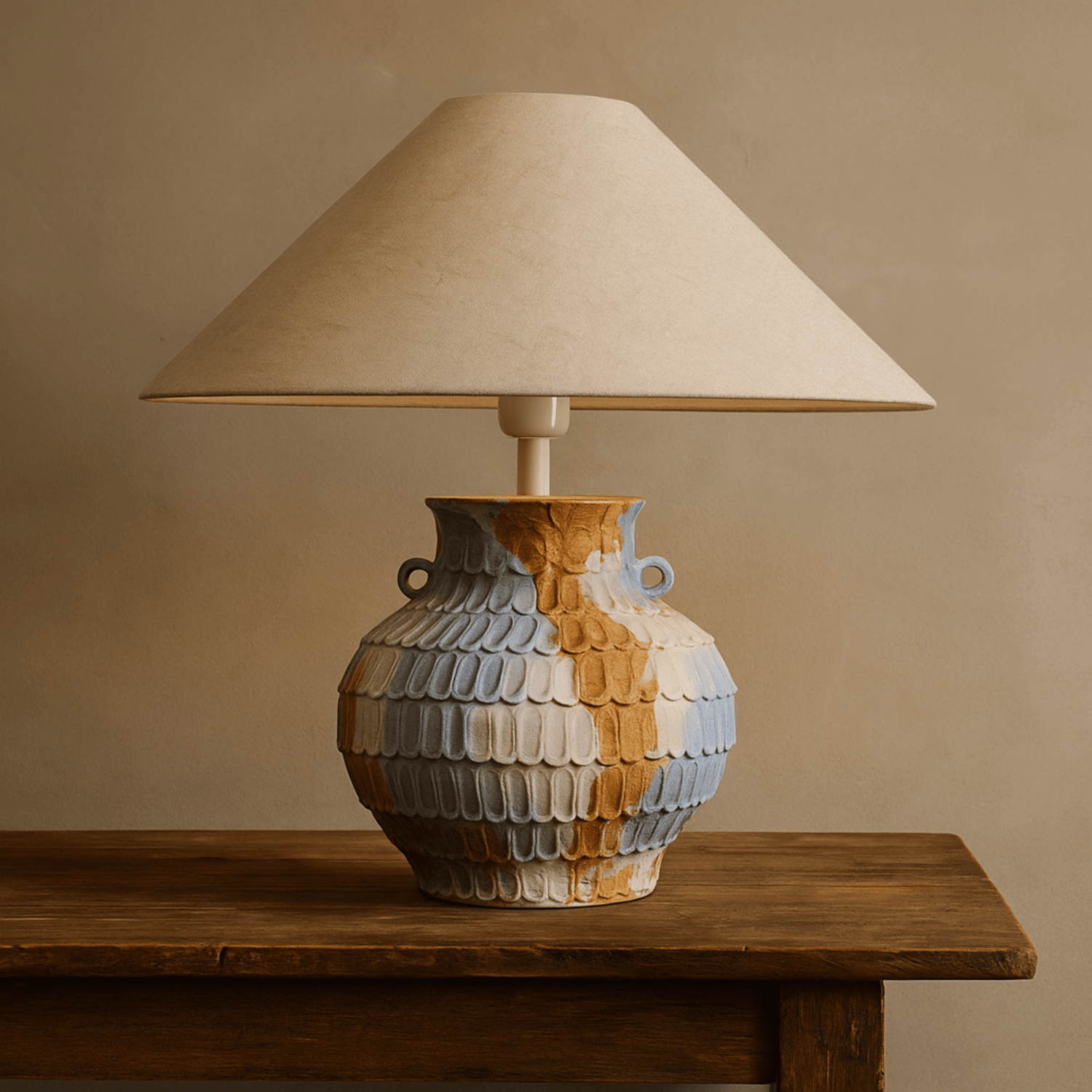 Vintage pottery ceramic table lamp with natural linen shade