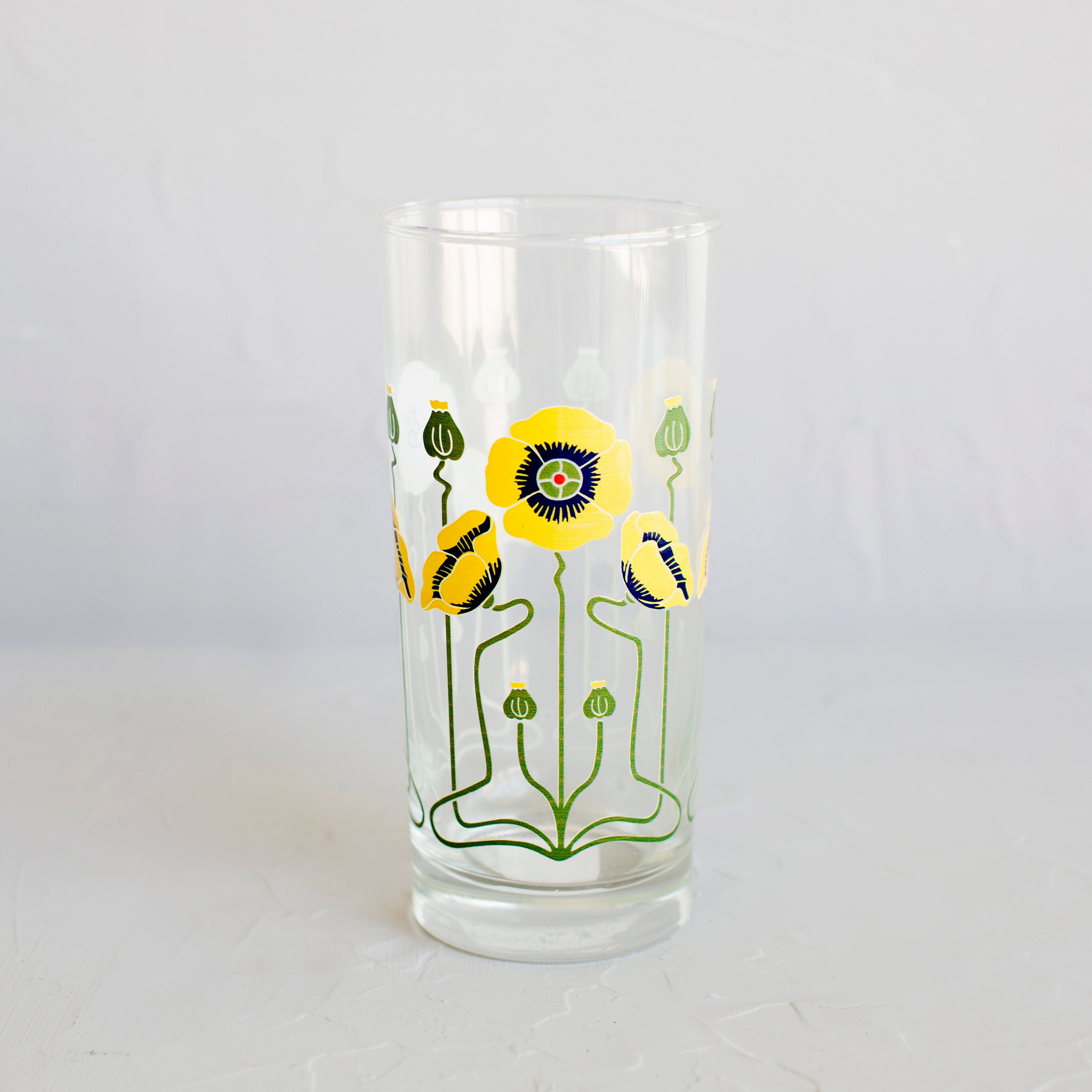 Golden poppy collins glass with Art Nouveau-inspired poppies