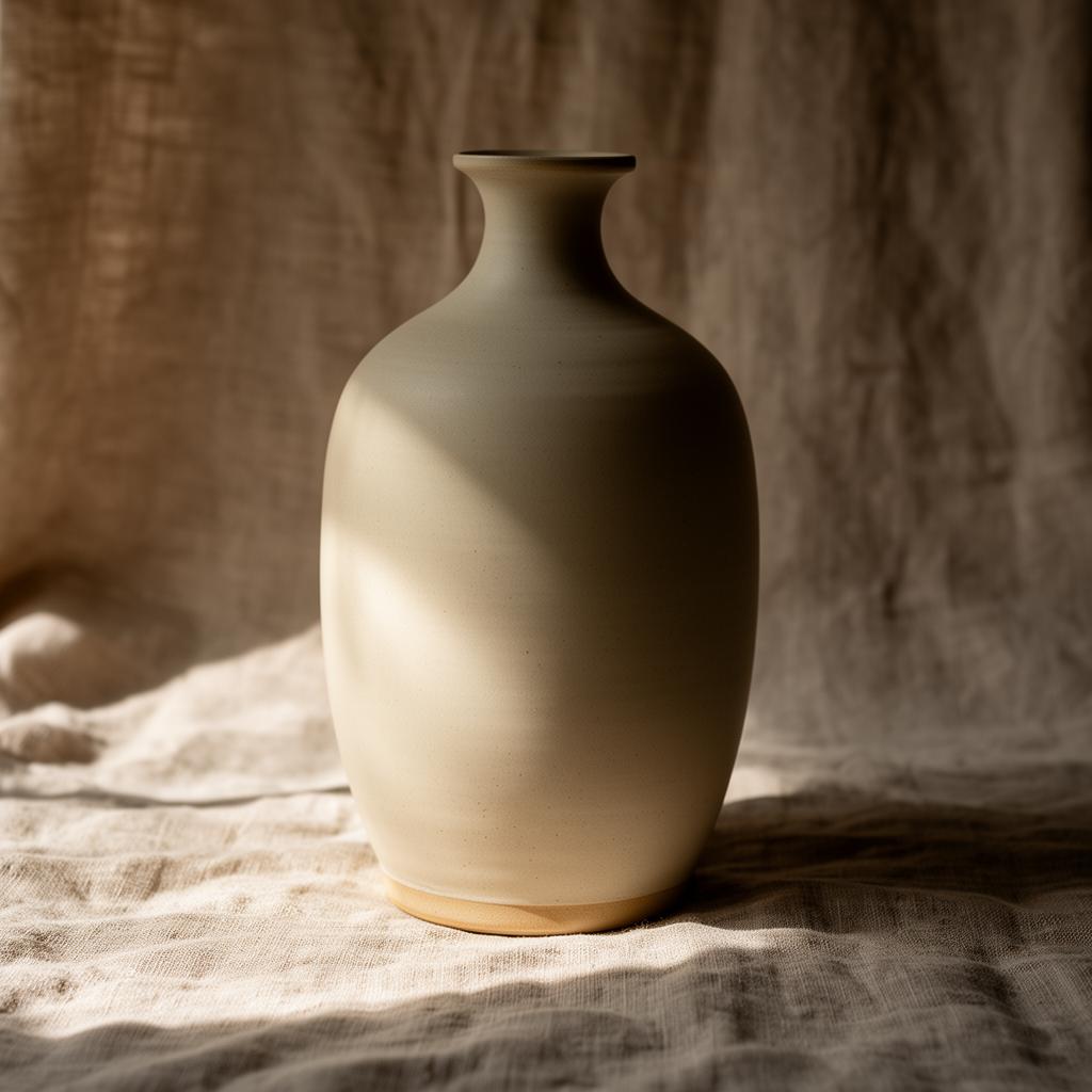 A hand-thrown ceramic vase in oatmeal glaze against raw linen