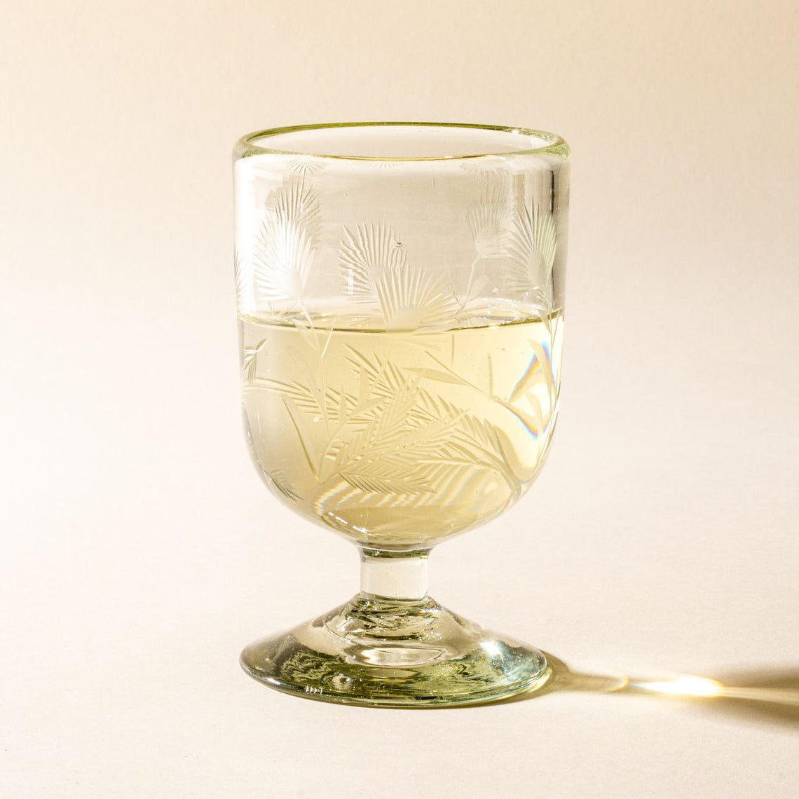 Thistle etched wine glass in recycled glass